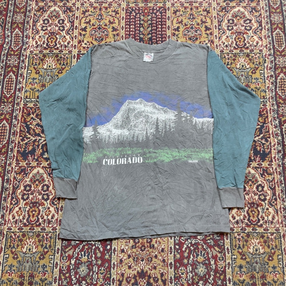 VTG 1989 Silverton Colorado Faded Two Tone Black AOP Long Sleeve T-Shirt L USA